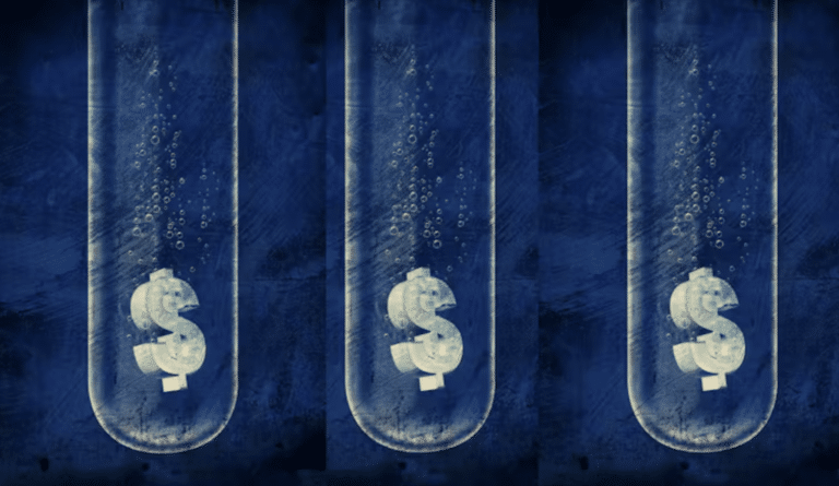 An illustration of white dollar signs in test tubes, set against a navy blue background